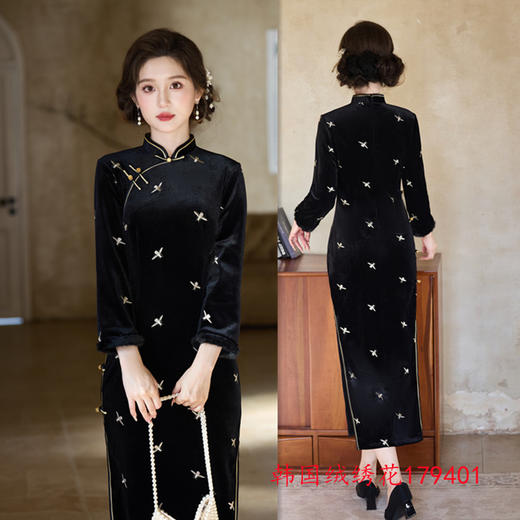 韩国绒绣花长款旗袍2025秋冬新款复古国风修身保暖日常旗袍179401 商品图1