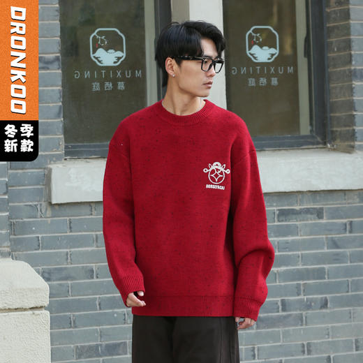 DRONKOO 2025 圆领左胸财神后马上发财花纱厚毛衣 商品图0