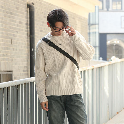 DRONKOO 2025 圆领三条竖线麦穗纹交错复古织法厚毛衣 商品图2