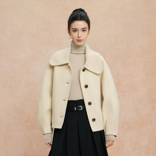 QH943斯尔丽25新款时尚减龄混色拼针织领小个子短款羊毛大衣 商品图0