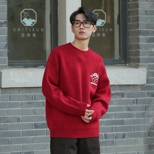 DRONKOO 2025 圆领左胸财神后马上发财花纱厚毛衣 商品图3