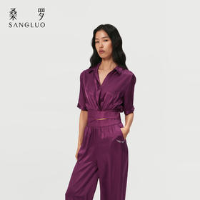 桑罗玫红真丝衬衫套装100%桑蚕丝女款修身家居服可外穿