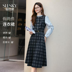 【11/26新品】熙世界学院风复古格纹拼接连衣裙女2025秋冬女法式长袖假两件裙子