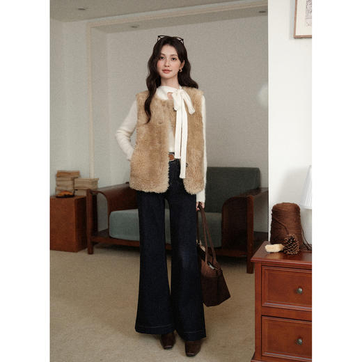 鹿向南「咖啡馆柔」深蓝色加绒牛仔裤女秋冬季保暖阔腿直筒长裤子 商品图2