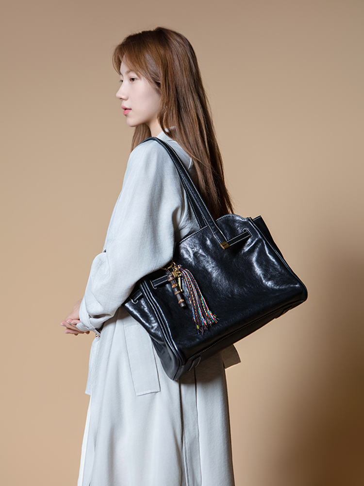 明星同款食草堂新款托特包头层植鞣牛皮单肩手提包斜挎包通勤包-晚辞