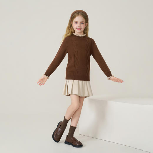 儿童100%羊绒衫2025秋冬女童半高领撞色木耳边棕色针织衫套头毛衣 商品图4