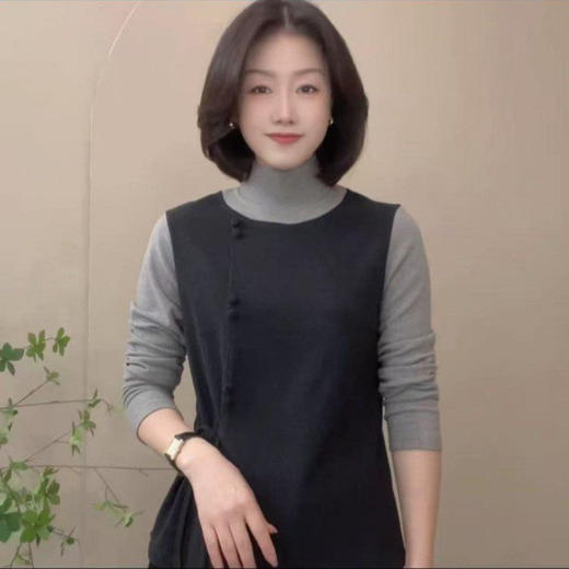 A8-1175 半高领假两件拼色T恤衫秋冬款休闲宽松女装减龄设计感打底衫上衣 商品图1