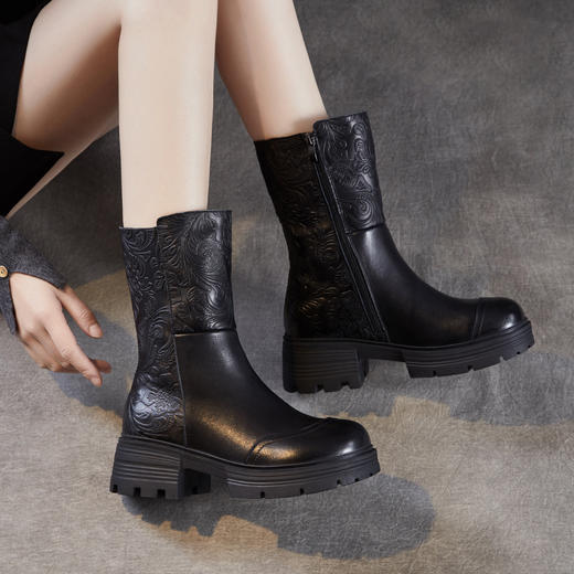 ZM 258770加绒保暖加厚真皮棉靴压花中筒靴 商品图2