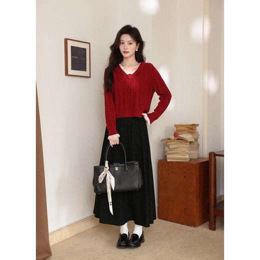 鹿向南「奶芙草莓」圣诞红色绞花纹毛衣女秋冬宽松巨好看法式上衣 商品图2