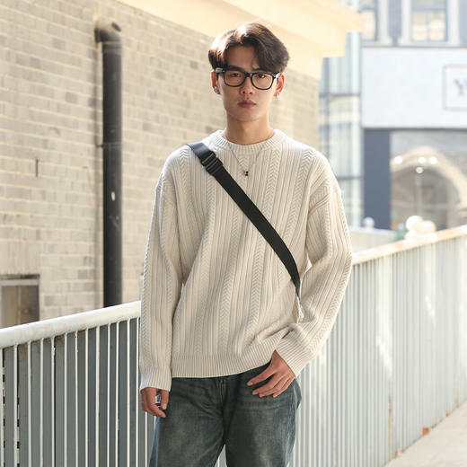 DRONKOO 2025 圆领三条竖线麦穗纹交错复古织法厚毛衣 商品图1