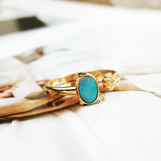 【天然正品】AU750黄金镶钻镶天然约0.35克拉欧泊猫咪造型开口戒指12号（戒圈可改）女士101025NJM05特价：1680 商品图4