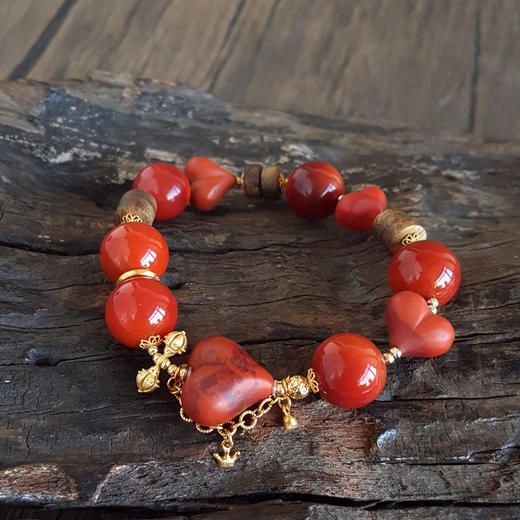 【天然正品】AU750黄金镶天然细腻约12.9MM心型圆珠型火焰纹南红玛瑙手串圆珠：12.9MM心型：12-17MM（皆取最大值）女士151125JJ04 商品图5