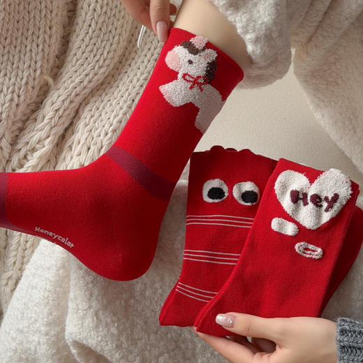 4双一组！新年本命年女袜超正中国红 可爱植茸小马爱心苹果蝴蝶结樱桃元素 走好运元气满满 商品图1