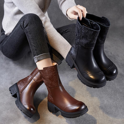 ZM 258770加绒保暖加厚真皮棉靴压花中筒靴 商品图1