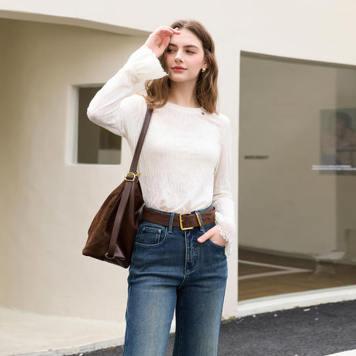 三彩2025冬季新款肌理感蕾丝衫提花圆领小衫喇叭袖修身M 商品图3