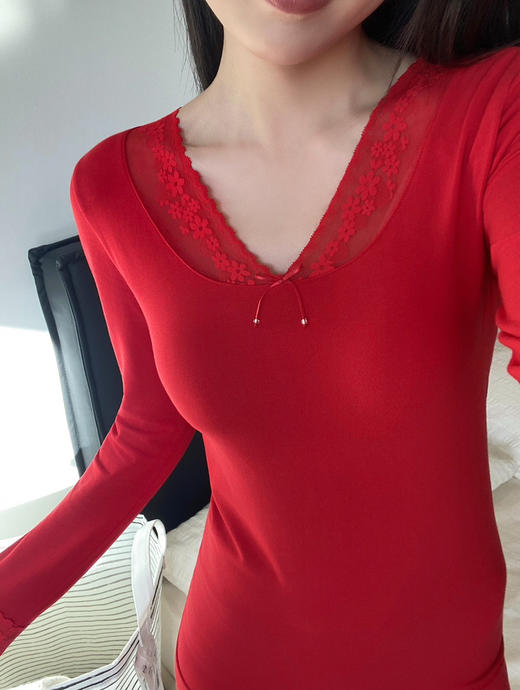 官网599！S家秋冬棉质高弹蕾丝V领保暖内衣套装 轻薄一体无缝打底秋衣秋裤女 商品图5