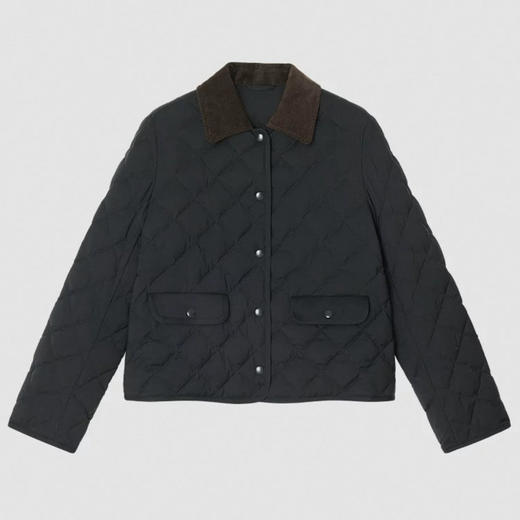 羊毛混纺短款翻盖羽绒服 翻领西装羽绒服 正肩合身廓形 线条流畅 剪裁合体 撞色灯芯绒翻领设计 羊毛混纺平纹布面料 商品图9