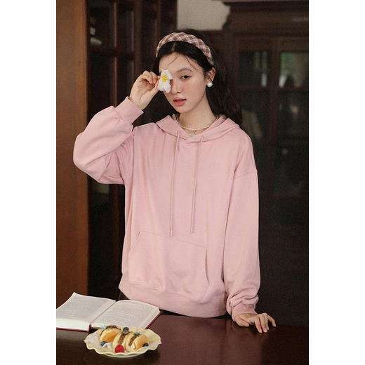 鹿向南「桃花园」粉色长袖连帽卫衣秋季新款宽松好看通勤上衣女 商品图2