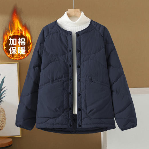 XJM78402025冬季新款纯色文艺宽松休闲简约舒适夹棉圆领棉服外套上衣女 商品图1