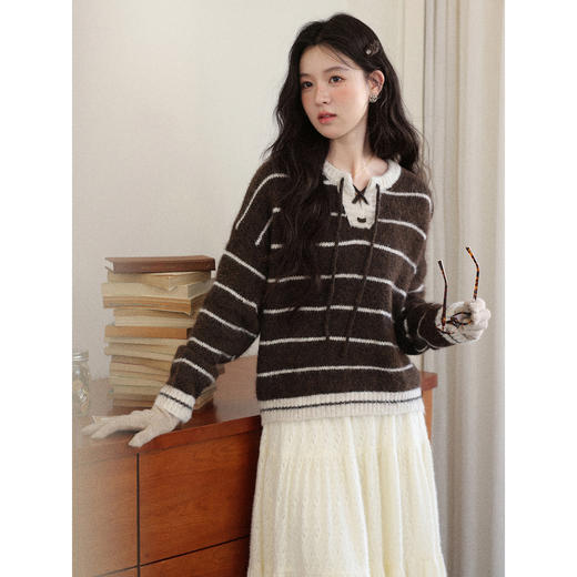 鹿向南「旧书栖光」慵懒复古风条纹咖色毛衣女秋冬宽松针织衫上衣 商品图0