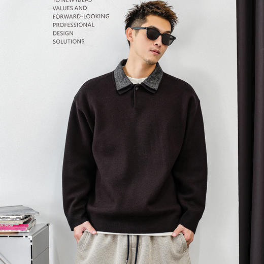 徐太浪【cleanfit 休闲风】假两件翻领毛衣男秋冬款大码黑色上衣 商品图0