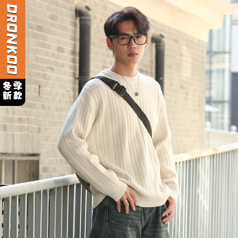 DRONKOO 2025 圆领三条竖线麦穗纹交错复古织法厚毛衣