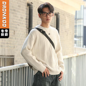 DRONKOO 2025 圆领三条竖线麦穗纹交错复古织法厚毛衣