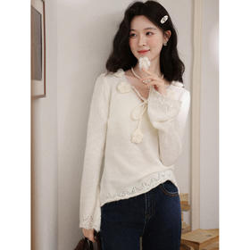 鹿向南「柔纱絮梦」米白色V领气质长袖针织衫女秋显瘦设计感上衣