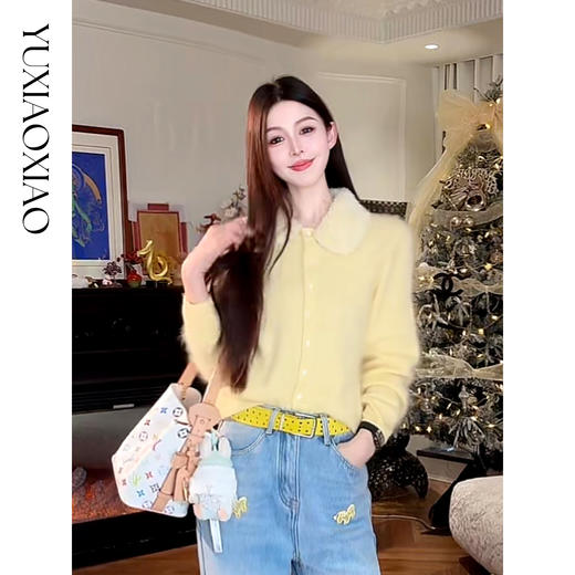 余潇潇【绒绒暖阳】100绵羊毛可拆卸娃娃领甜美舒适拉绒开衫毛衣 商品图0