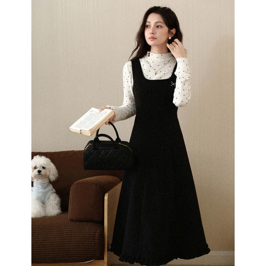 鹿向南「墨色絮章」黑色吊带连衣裙女方领秋冬季温柔风长款连衣裙 商品图0