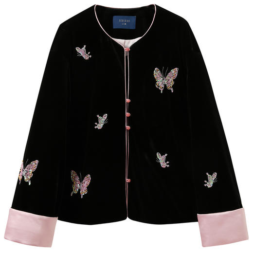 三彩【飞花蛱蝶】2025冬季新款丝绒绣花蓄热棉服圆领棉衣外套C 商品图4