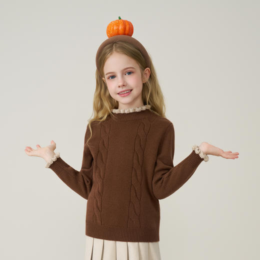 儿童100%羊绒衫2025秋冬女童半高领撞色木耳边棕色针织衫套头毛衣 商品图2