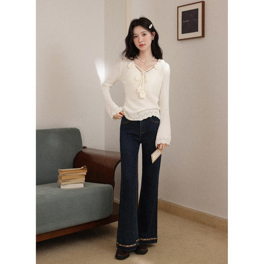 鹿向南「柔纱絮梦」米白色V领气质长袖针织衫女秋显瘦设计感上衣 商品图2