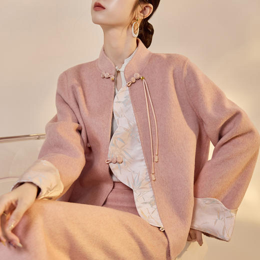 SS NX053国风优雅拼贴竹叶印花羊毛套装毛呢外套+开叉半裙两件套 商品图0