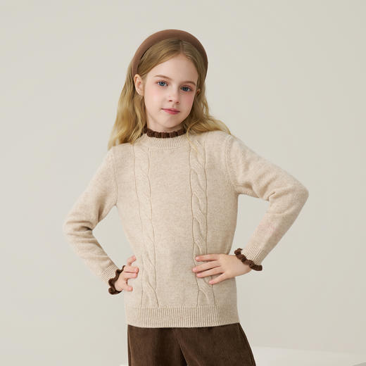 儿童100%羊绒衫2025秋冬女童半高领撞色木耳边棕色针织衫套头毛衣 商品图3