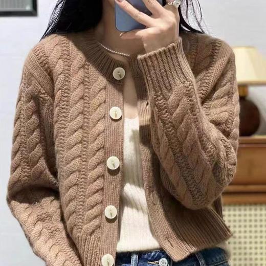 重磅加厚羊绒衫女圆领毛衣开衫麻花宽松慵懒短款羊毛针织上衣外套 商品图1