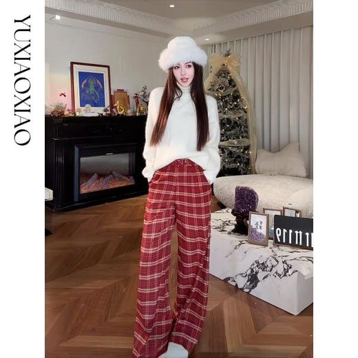 余潇潇【圣诞格调】时尚舒适垂顺烫钻格纹高腰宽松阔腿休闲裤配腰带 商品图3