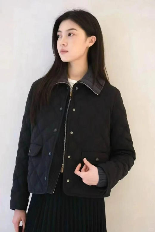 羊毛混纺短款翻盖羽绒服 翻领西装羽绒服 正肩合身廓形 线条流畅 剪裁合体 撞色灯芯绒翻领设计 羊毛混纺平纹布面料 商品图5