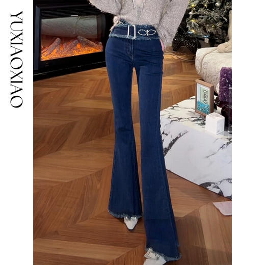 余潇潇【波普海岸】轻奢贵气一体腰带毛边女士微喇弹力牛仔裤 商品图0