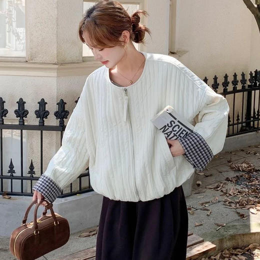 格子卷边袖短款棉服｜轻量化版型，怎么搭都好看！【3-5天发货】 商品图0