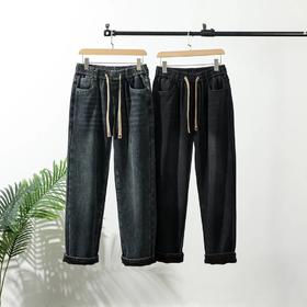 加绒 加厚牛仔裤秋冬季潮宽松直筒阔腿牛仔 长裤