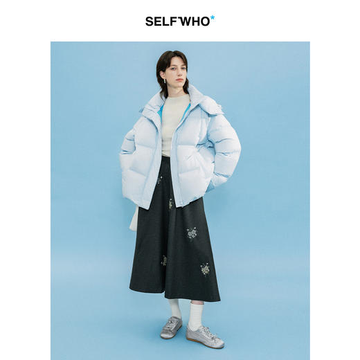 SELFWHO绵羊毛混纺绿绒蒿花刺绣半身裙女2026春新款A字伞裙 商品图2