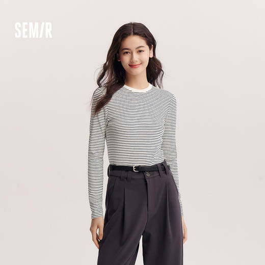 森马长袖T恤女春季正肩紧身圆领打底衫女士显瘦基础款百搭套头衫 商品图1