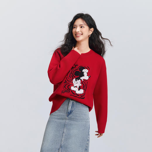 森马迪士尼合作系列毛衣女春季中长款红色oversize提花设计感毛衫 商品图2
