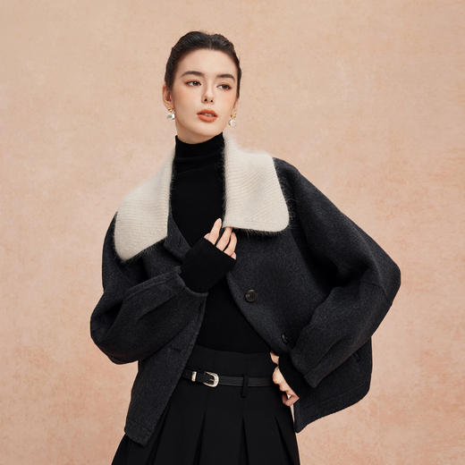 QH943斯尔丽25新款时尚减龄混色拼针织领小个子短款羊毛大衣 商品图5