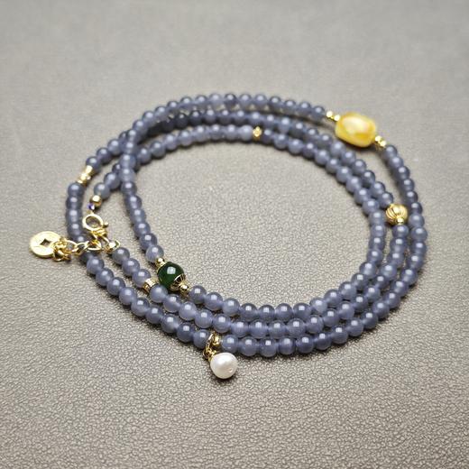 精美！和田玉青海料冰底烟紫4mm直径手串 1122-25 商品图2