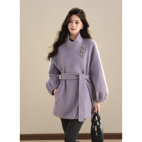 鹿向南「薰衣草」紫色双面毛呢外套女冬装高级洋气加厚中长款外套