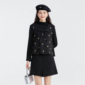 奢姿大码女装2025冬季时尚刺绣蝴蝶结上衣套装搭简约内搭三件套9954953936AB