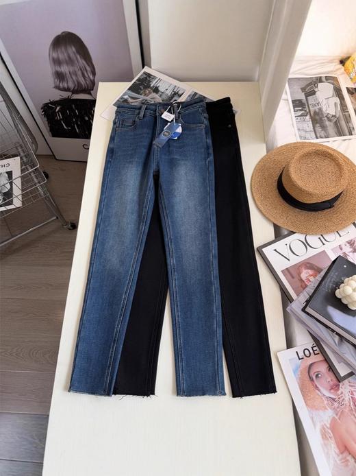 紧身小脚靴裤!2025女冬季弹力加绒保暖显瘦毛边九分铅笔牛仔裤! 商品图0