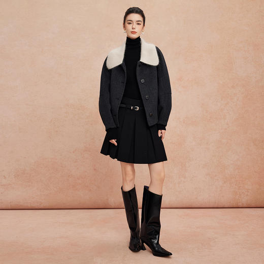 QH943斯尔丽25新款时尚减龄混色拼针织领小个子短款羊毛大衣 商品图8